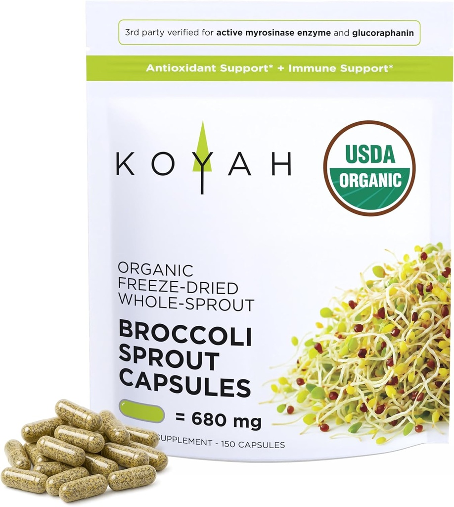 KOYAH Organik Broccoli Sprout Capsules – Freeze-Dried Whole Broccoli Sprouts – 3rd Parti Active Myrosinase & Glucoraphanin (Sulforaphane Glucosinolate) - 150 Capsules