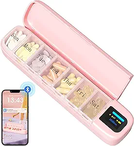 Daviky Otomatik Pill Boss, Smart Pill Organizer with Alarm, Pill Box 7 Day with APP, Weekly Travel Pill Case, Portable Pill Torch for Medicines, Supplements and Vitamins (Pink)