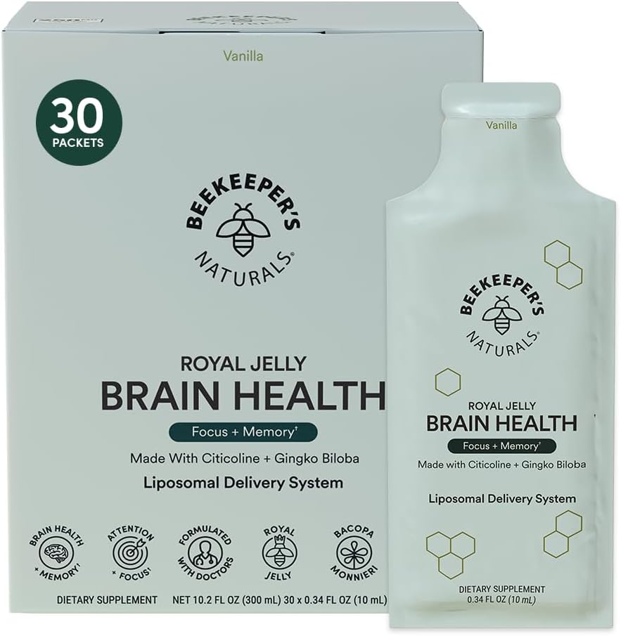 Nootropic Brain Supplement Tarafından Beekeeper's Naturals, 500 mg Citocoline, Ginkgo Biloba, Bacopa Monnieri & Royal Jelly, Supports Focus & Memory, Easier Abxia, Plus a Tasty Vanilla Flavor, 30ct