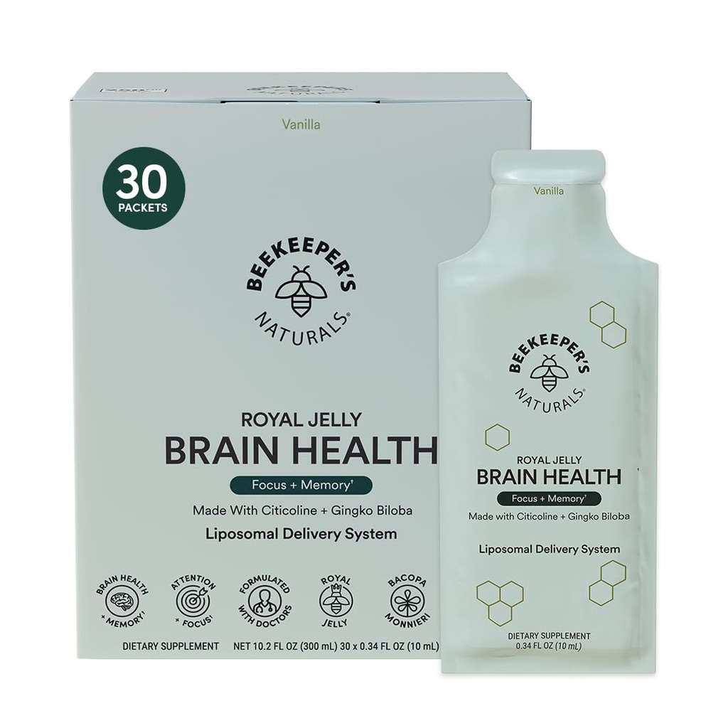 Nootropic Brain Supplement Tarafından Beekeeper's Naturals, 500 mg Citocoline, Ginkgo Biloba, Bacopa Monnieri & Royal Jelly, Supports Focus & Memory, Easier Abxia, Plus a Tasty Vanilla Flavor, 30ct