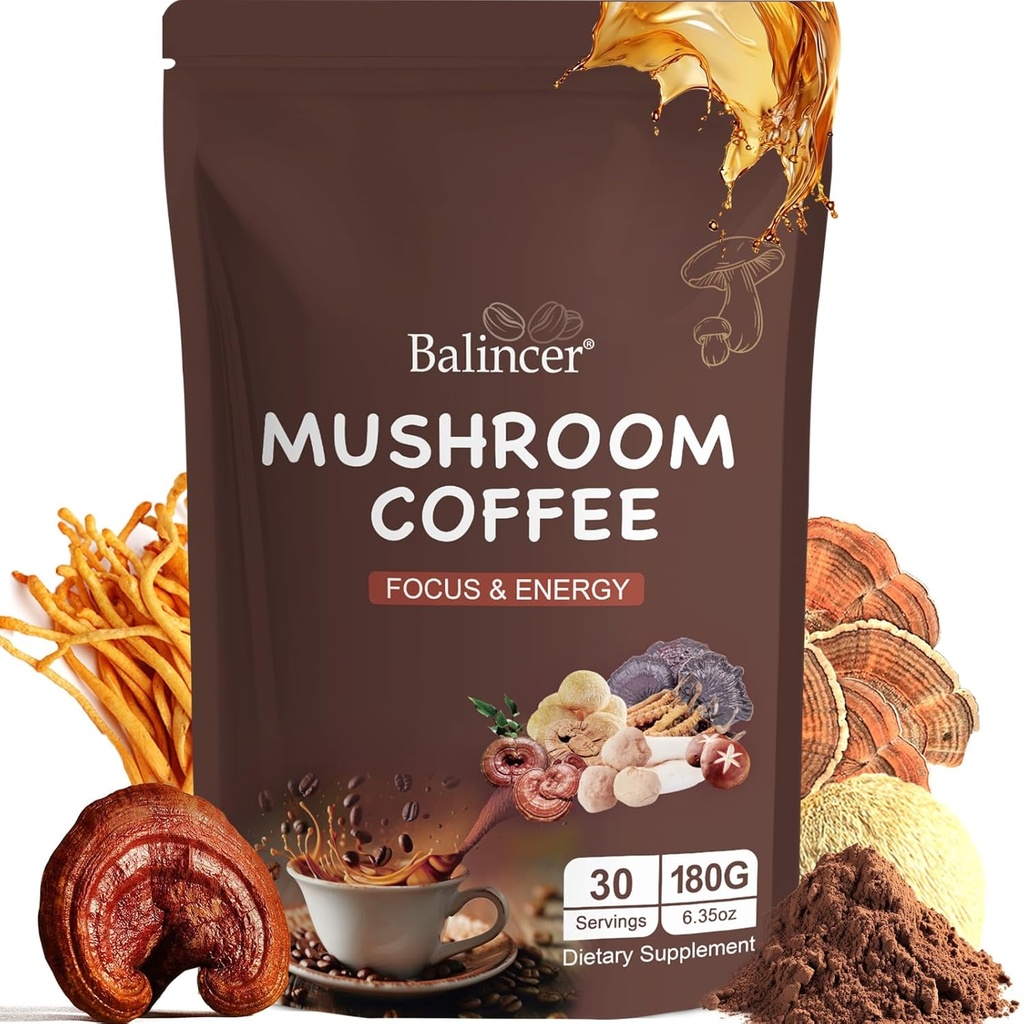 Mushroom Coffee, 6 Adaptogenic Μανιτάρια (Lion's Mane, Cordyceps, Turkey Tail & Other) Αναμειγνύονται με Premium Στιγμιαίος Καφές για Εστίαση, Ενέργεια, Ανοσοποιητική και Υποστήριξη για την Υγεία των Ούρων, 30 Υπηρεσίες