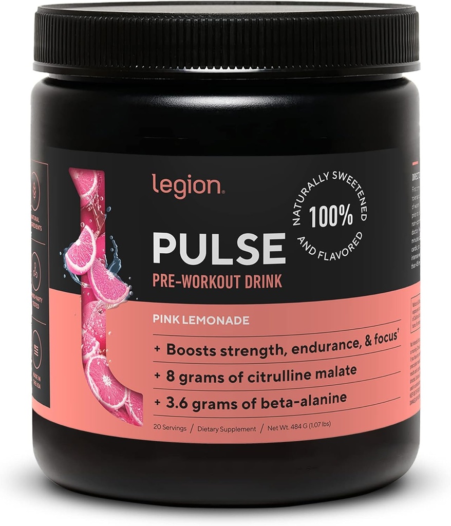 LEGION Pulse Pre Workout - All Natural Nitric Oxide Preworkout Drink to Boost Energy, Creatine Free, Naturally Sweetened, Beta Alanine, Citrulline, Alpha GPC (Pink Lemonade)