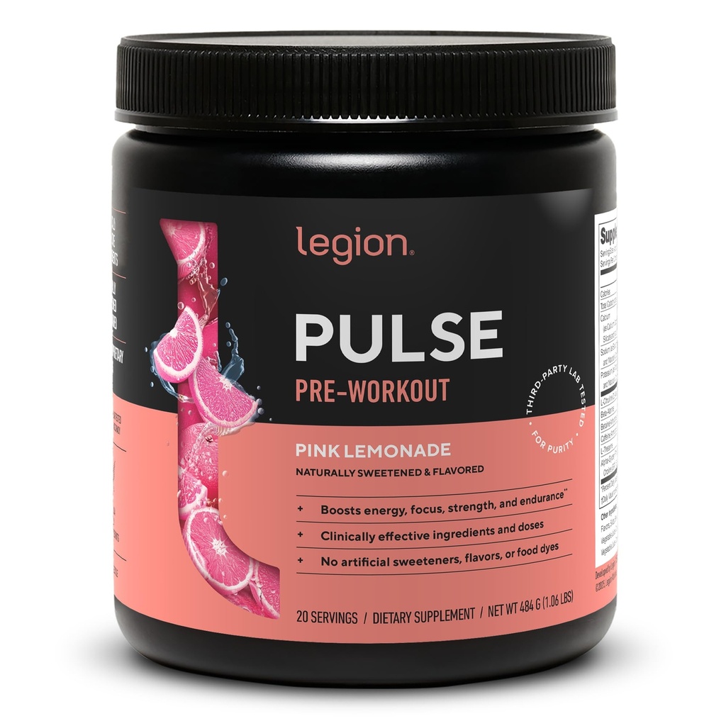 LEGION Pulse Pre Workout - All Natural Nitrik Oksit Preworkout Drink to Boost Energy, Kretine Free, Natural Sweetized, Beta Alanine, Citrulline, Alpha GPC (Pink Lemonade)