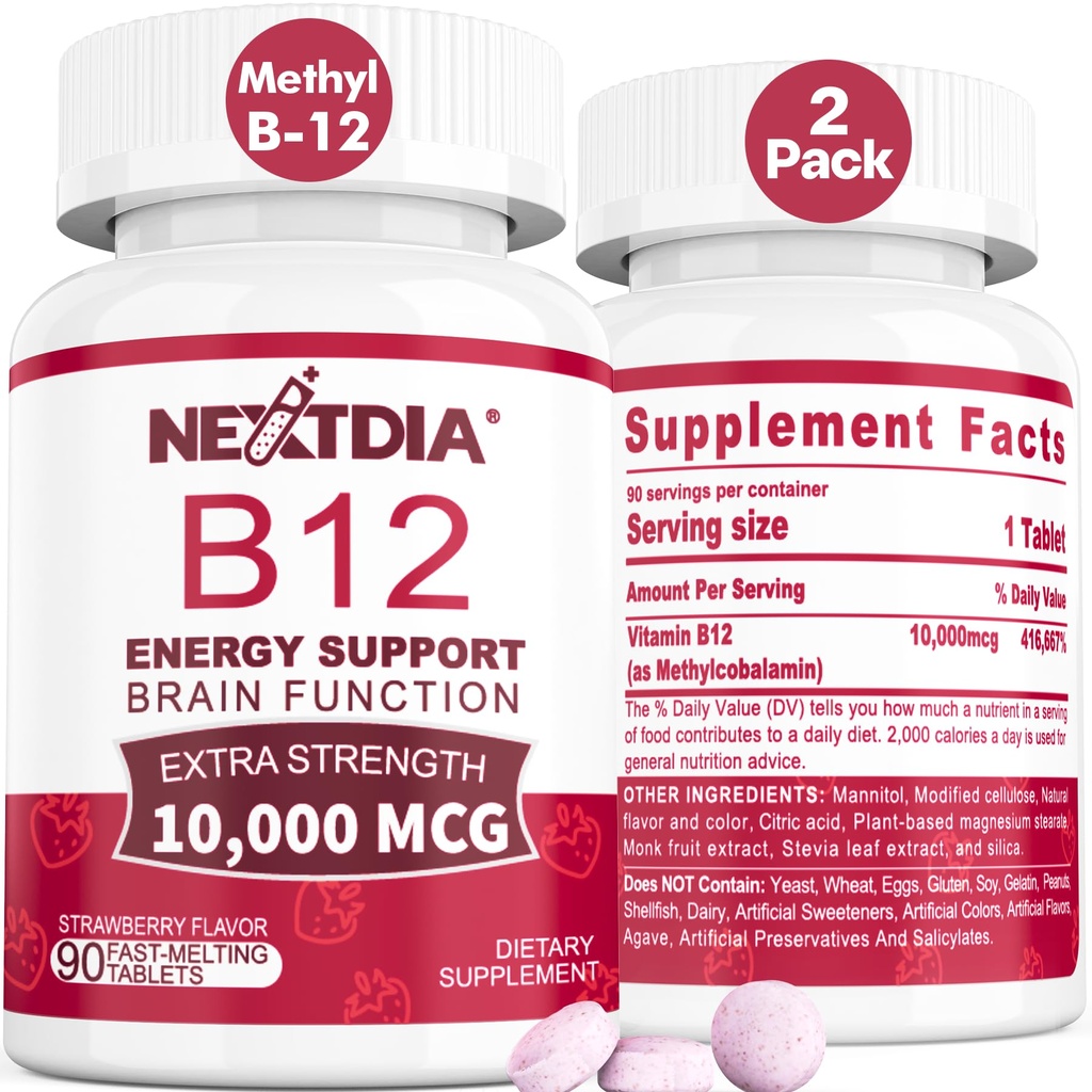 B12 Vitamini 10.000 mcg, Medeni Vitamin B12 Sublingual - Energy Boost, Focus, Metabolism & Brain Health Support, Immune System Support, Fast Dissolve, Natural Strawberry Flavor, 180 Servisler