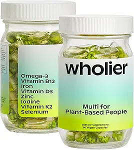 wholier Plant Based Multivitamin Vegan Omega-3 DHA EPA, D, B12, çinko, Vitamin K2, Demir, Iodine, Selenium 60 Kont (30-Day Supply) Cam Şişe Şişe Şişe