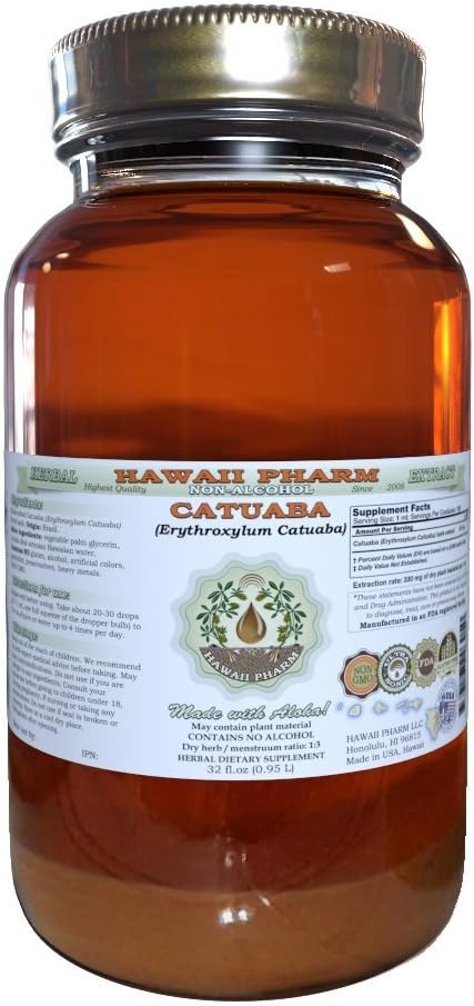 Εκχύλισμα υγρού χωρίς αλκοόλη Catuaba, Catuaba (Erythroxylum Catuaba) Αποξηραμένος φλοιός Γλυκερίτης Χαβάη Pharm Φυσικό συμπλήρωμα βοτάνων 32 oz Unfiltered