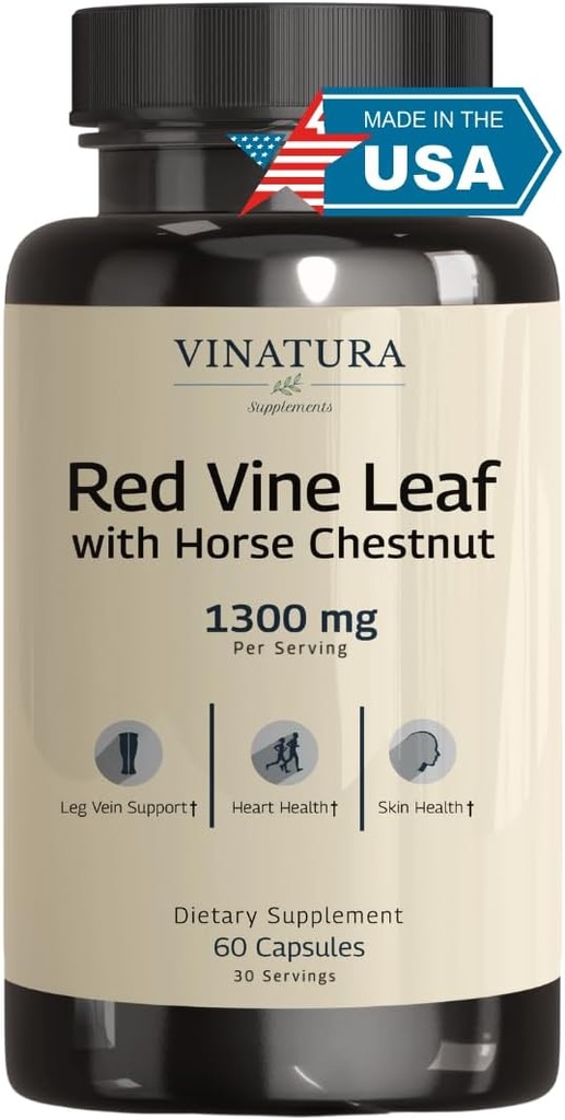 VINATURA Red Vine Leaf Extract - Horse Chestnut, 1300mg/serving *USA Made and Tested* Κυκλοφορία και Vein Υποστήριξη για υγιή πόδια - Βοηθά τη ροή του αίματος, κυκλοφορία ποδιών - 60 κάψουλες (30 εξυπηρετούν)