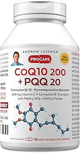ANDREW LESSMAN Coenzyme Q-10 200 Plus PQ 20mg - 30 Capsules - The CoQ10 Levels, Optimum Hücre Enerji, Enerji Üretimi, Kalp, Beyin, Liver, Kidney, Pancreas. Katkı yok