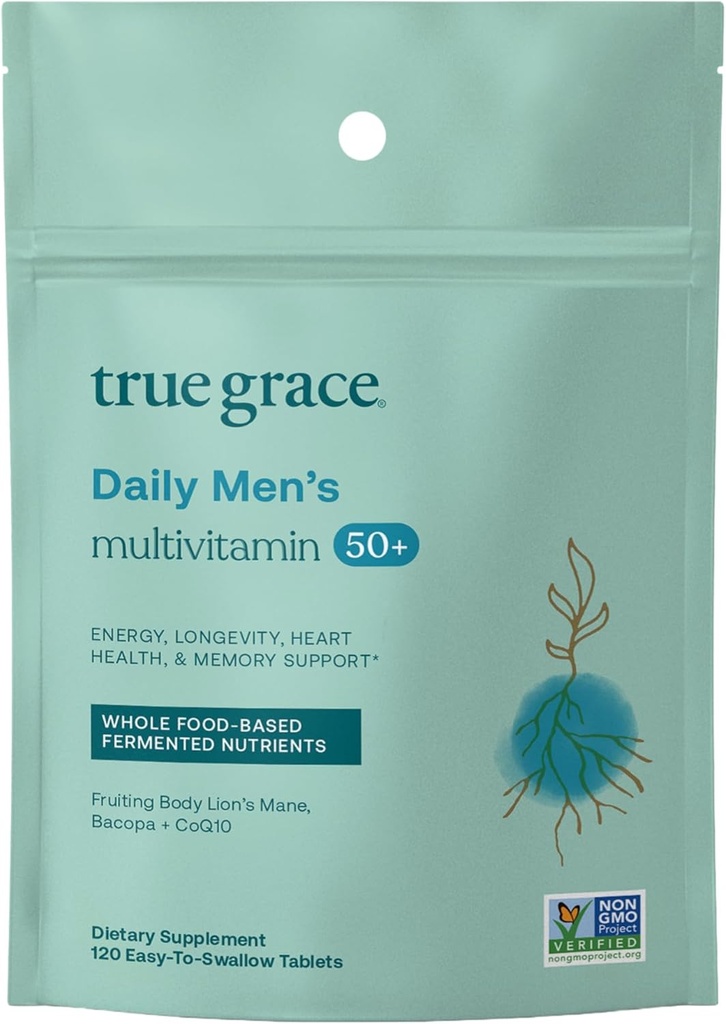 True Grace Daily Men's Multivitamin 50+ - 120 Easy-to-Swallow Tabletleri - Immune, Energy, Longevity & Memory Support - Gluten Free, Soy Free, Vegan - 60 Hizmetler