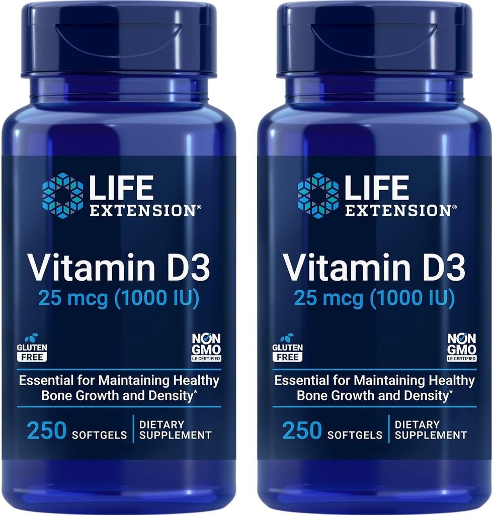 Life Extension Vitamin D3 25 mcg (1000 IU), Immune System Support, Bone Health, Whole-Body Health, Value Dimension, Gluten-Free, Non-GMO – Two Pack - 2 x 250 Softgels