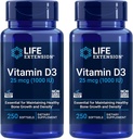 Life Extension Vitamin D3 25 mcg (1000 IU), Immune System Support, Bone Health, Whole-Body Health, Value Dimension, Gluten-Free, Non-GMO – Two Pack - 2 x 250 Softgels