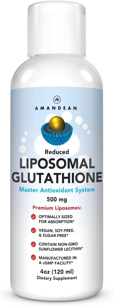 AMANDEAN Liposomal Glutathionone Συμπλήρωμα. Liquid Μειωμένη Setria 500mg. Ανοσολογική Υποστήριξη, Εγκεφαλική Υγεία, Αποτοξίνωση ήπατος, Υγεία δέρματος. Φωσφατιδυλοχολίνη από μη ΓΤΟ Ηλιοτρόπιο Λεκιθίνη. Χωρίς σόγια & Vegan.