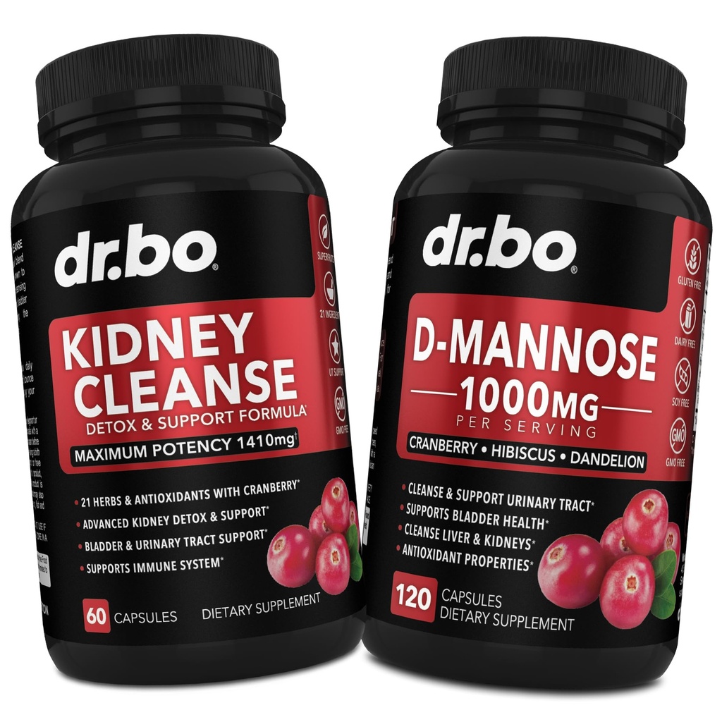 Kidney Cleanse & D Mannose Supplements - Kidney Detox Support Supplement, D-Mannose 500 mg 1000 mg Capsules - DMannose & Natural Cranberry to Support Kidneys, Bladder & Urinary Tract Health Supplements