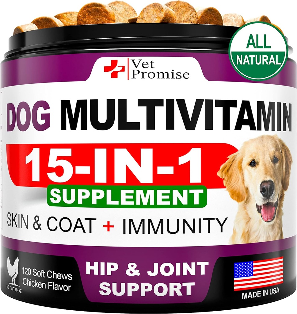 Dog Multivitamin Chewable with Glucosamine - Dog Vitamins and Supplements - Senior & Puppy Multivitamin for Dogs - Pet Joint Support Health - Immunity - Mobility - Enerji - Gut - Skin - 120 Chews