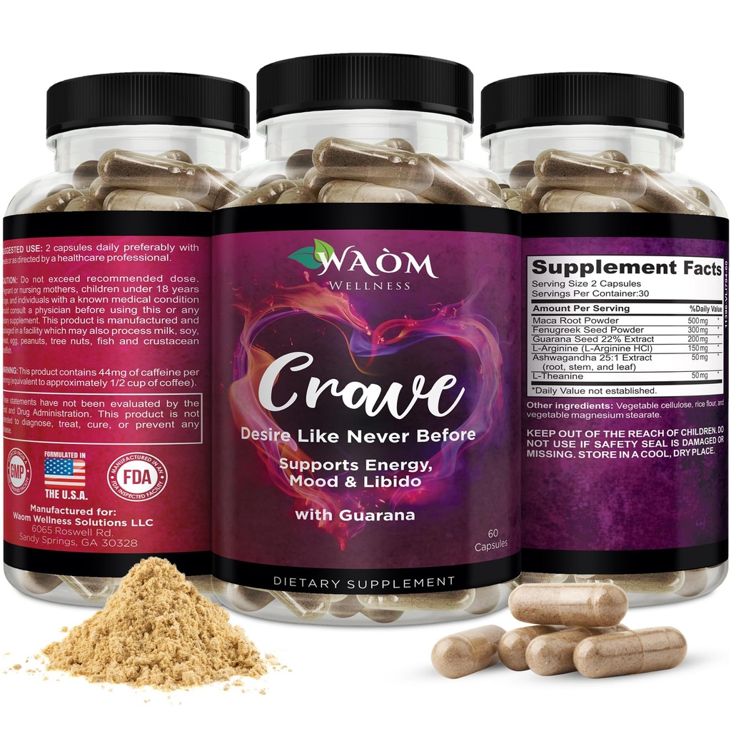 Crave – Γυναικείο ενισχυτή επιθυμίας με Maca, Ashwagandha & L-Theanine – Φυσική ενέργεια, Mood & Hormon Balance Support – 60 κάψουλες Vegan