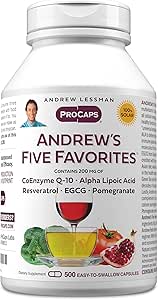 ANDREW LESSMAN Andrew's Five Favorites 500 Capsules - Provides 200mg Each of Coenzyme Q-10, Resveratrol, EGCG, Pomegranate and Alpha Lipoic Acid, Powerful Anti-Oxidant Support, No Additives