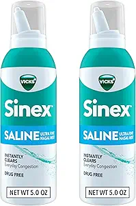 Vicks Sinex SALINE Nasal Mix, Drug Free Ultra Fine Mist, Clear daily Sinus Congestion Fast, Clear Mucus from a Cold or Alerji, Daily Use 5.0 fl oz x 2