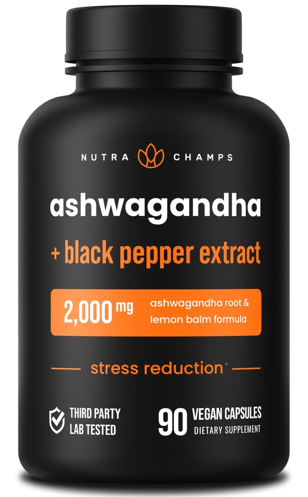 NutraChamps Organik Ashwagandha Capsules, 2000 mg Adrenal Fatigue, Tiroid & Mood Support Ashwagandha Supplements, Ashwagandha Root Toz & Lemon Balm, Black Pepper ile Üstün Aborpsiyon