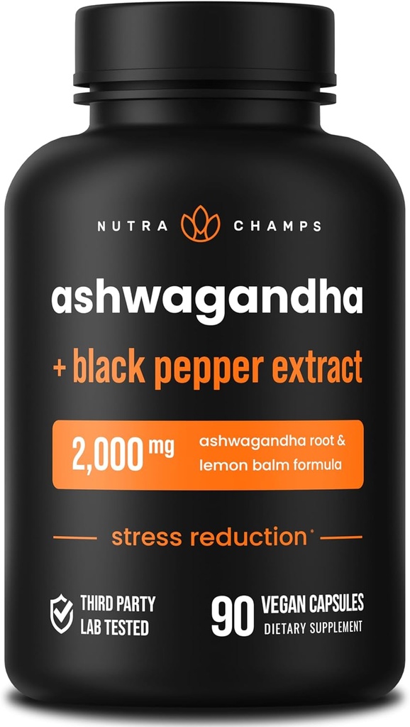 NutraChamps Organik Ashwagandha Capsules, 2000 mg Adrenal Fatigue, Tiroid & Mood Support Ashwagandha Supplements, Ashwagandha Root Toz & Lemon Balm, Black Pepper ile Üstün Aborpsiyon