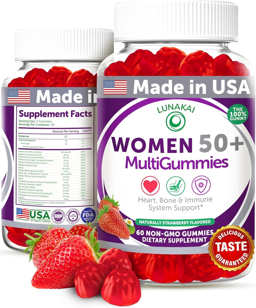 Lunakai USA Made 50 Plus Πολυβιταμίνες Γυναικών - Delicious Formula Enhanced with Essential Vitamins & Minerals for Health & Vitality - 60ct
