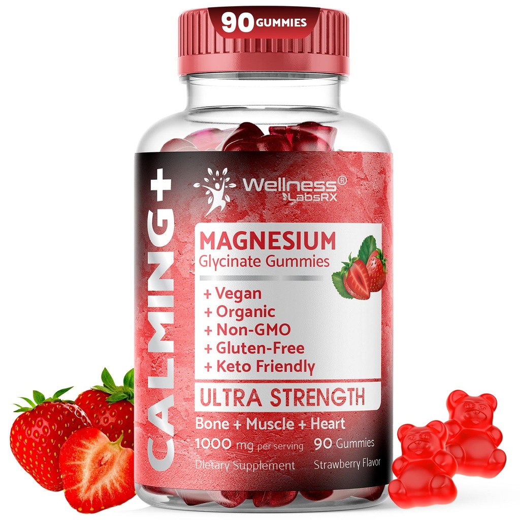 Magnezyum Glycinate Gummies, 1000 mg - Magnezyum Supplement to Support Relaxation, Heart Health - Chewable Calm Magnesio Gummies for Yetişkinler, Glicinato De Magnesio - Strawberry Flavor
