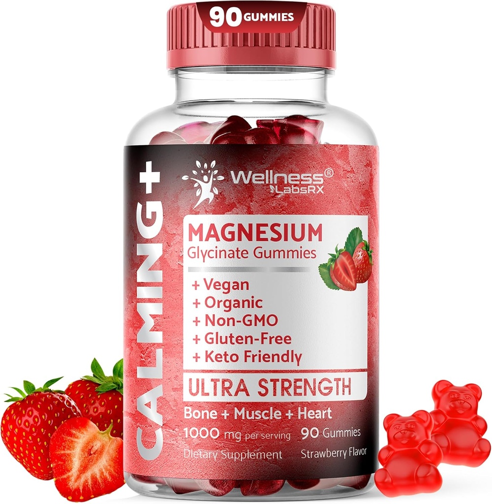 Magnezyum Glycinate Gummies, 1000 mg - Magnezyum Supplement to Support Relaxation, Heart Health - Chewable Calm Magnesio Gummies for Yetişkinler, Glicinato De Magnesio - Strawberry Flavor