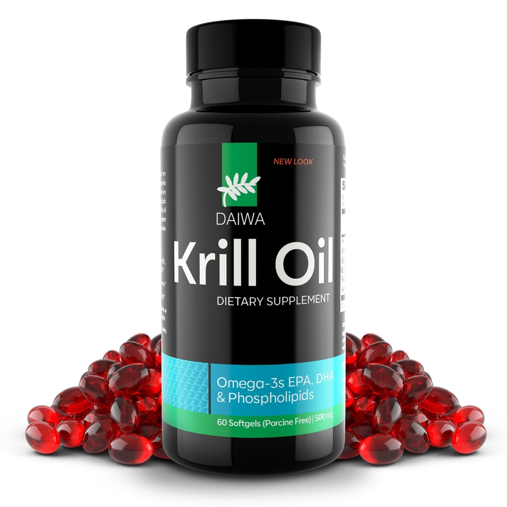 Daiwa Krill Oil 1000 mg Softgels - EPA DHA Omega 3 Antarktika Krill Oil Supplement with Astaxanthin - Natural Solution for Common, Brain Support and Heart Health - 60/ct