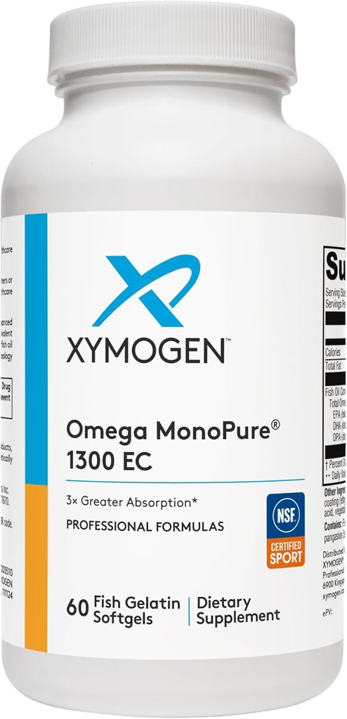 XYMOGEN Omega MonoPure 1300 EC - ιχθυέλαιο με 3X μεγαλύτερη απορρόφηση - DHA EPA Omega 3 συμπλήρωμα για την υγεία της καρδιάς + Γνωστική υποστήριξη (60 Softgels)