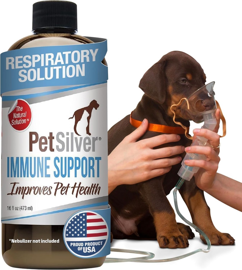PetSilver Immune Support, Natural Nebulizer Çözüm, Cats & Dogs, Allergies, Sinus & Cough Treatment, Easy to Use, Patented Chelated Silver, Made in the USA, 16 fl ozz