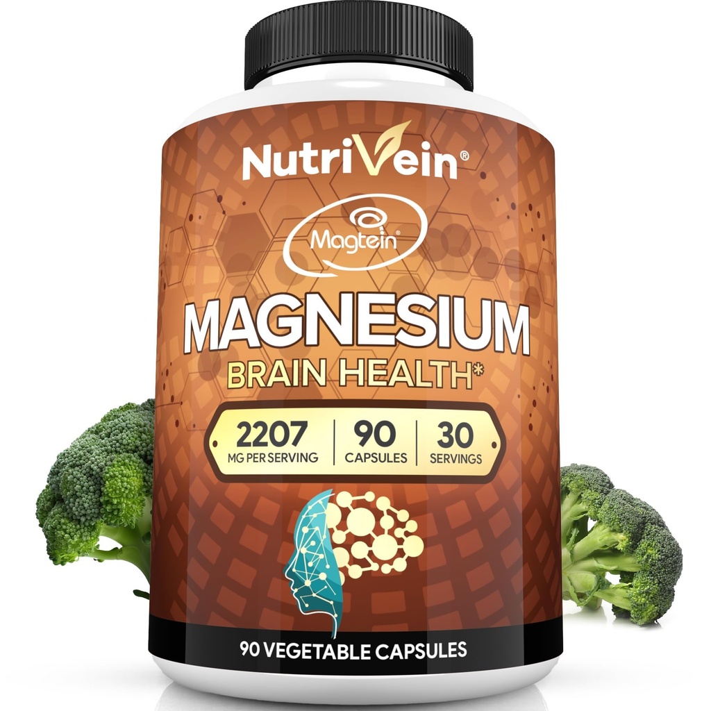 Nutrivein Premium Magtein L-Threonate Supplement 2207 mg - 90 Caps (3 bir gün): Yüksek-Abase Magnezyum Threonate for Brain, Sleep, Mood & Recovery