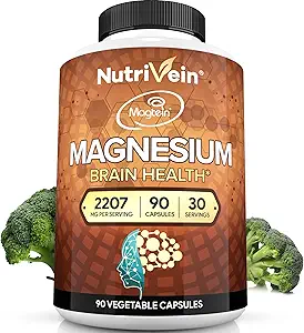 Nutrivein Premium Magtein L-Threonate Supplement 2207 mg - 90 Caps (3 bir gün): Yüksek-Abase Magnezyum Threonate for Brain, Sleep, Mood & Recovery