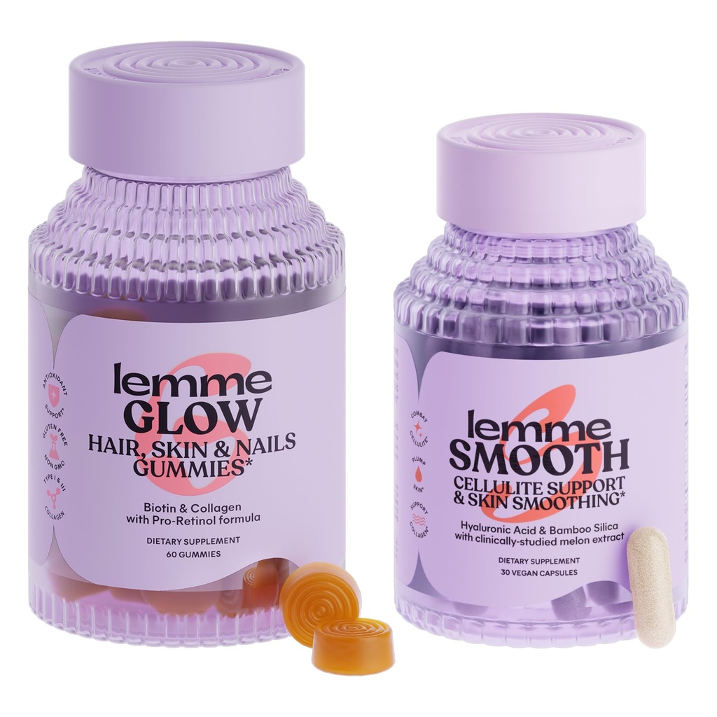 Lemme Glow Collagen Hair Gummies για Ισχυρά, Παχιά μαλλιά & Μειωμένη Shending Smooth Anti Cellulite Κάψουλες για γυναίκες, Smooth Legs & Thighs, Reduce Cellulite & Crepey Skin Bundle