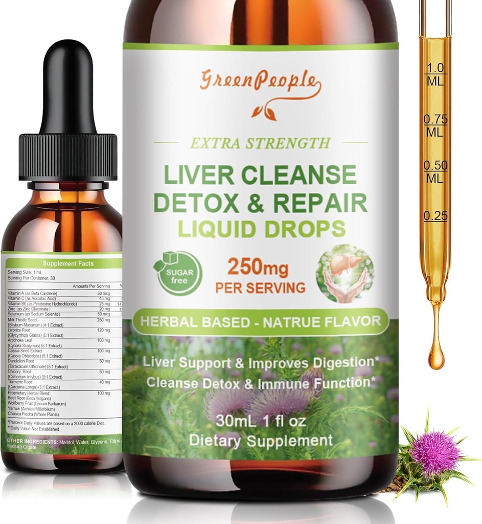 GREENPEOPLE Liver Cleanse Detox & Repair Drops - Συμπλήρωμα ήπατος w/Milk Thistle Silymarin, Artichoke & Dandelion για το συκώτι Detox & Support- 16x Ισχυρό βότανα-Nutrients - 1Fl Oz Φυσική Γεύση