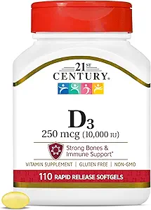 21ος αιώνας Βιταμίνη D3 250 mcg (10.000 IU) Ταχεία απελευθέρωση Softgels, 110 Count