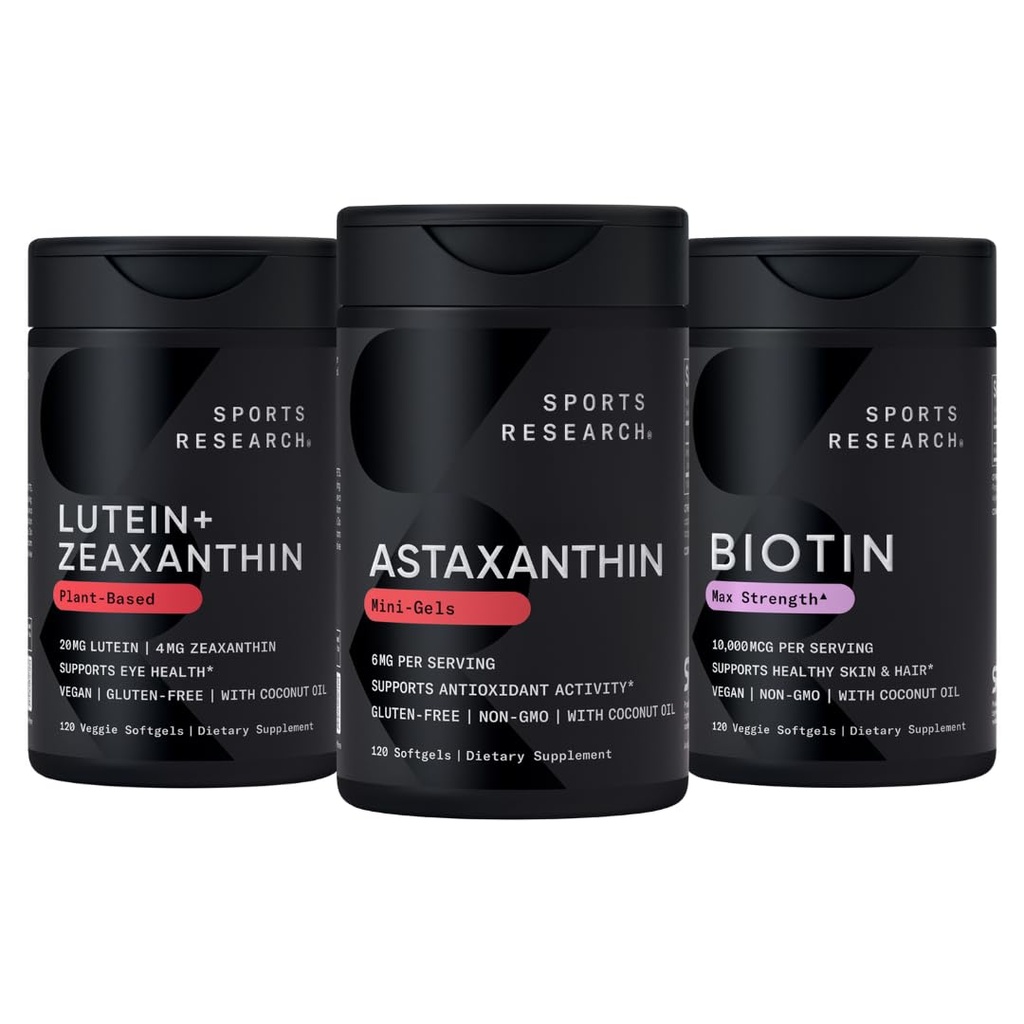 Sports Research® Biotin (B7) 10,000mcg + Lutein + Zeaxanthin (20mg) + Astaxanthin Supplement from Algae (6mg) - All Vegan | 120 Softgels Each | All Made with Coconut Oil for Better Absorption