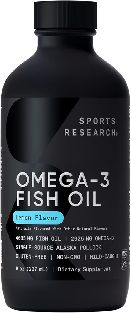 Sports Research® Omega-3 Fish Oil 4685mg - Wild Caught Alaska Pollock - Natural Lemon Flavor, MSC sertifikalı Sürdürülebilir - 8oz (48 Hizmet)