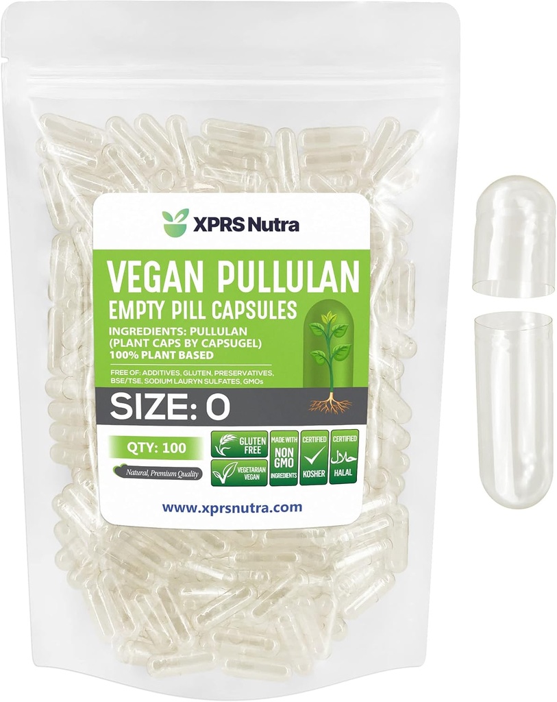 XPRS Nutra Size 0 Pullulan Empty Capses - 100 Count Clean Label Plants Clear Empty Vegan Caps - Premium Χορτοφαγικά Χάπια - Do-It-Yourself Φυτική Κάψουλα Γέμισμα