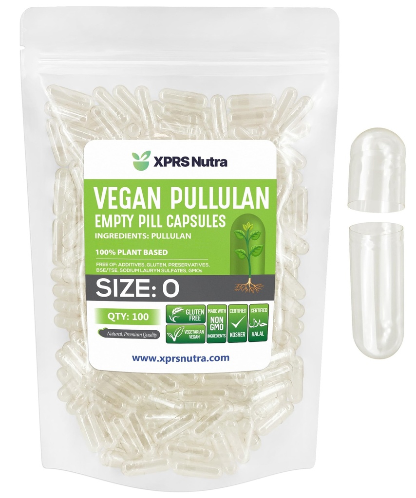 XPRS Nutra Size 0 Pullulan Empty Capses - 100 Count Clean Label Plants Clear Empty Vegan Caps - Premium Χορτοφαγικά Χάπια - Do-It-Yourself Φυτική Κάψουλα Γέμισμα