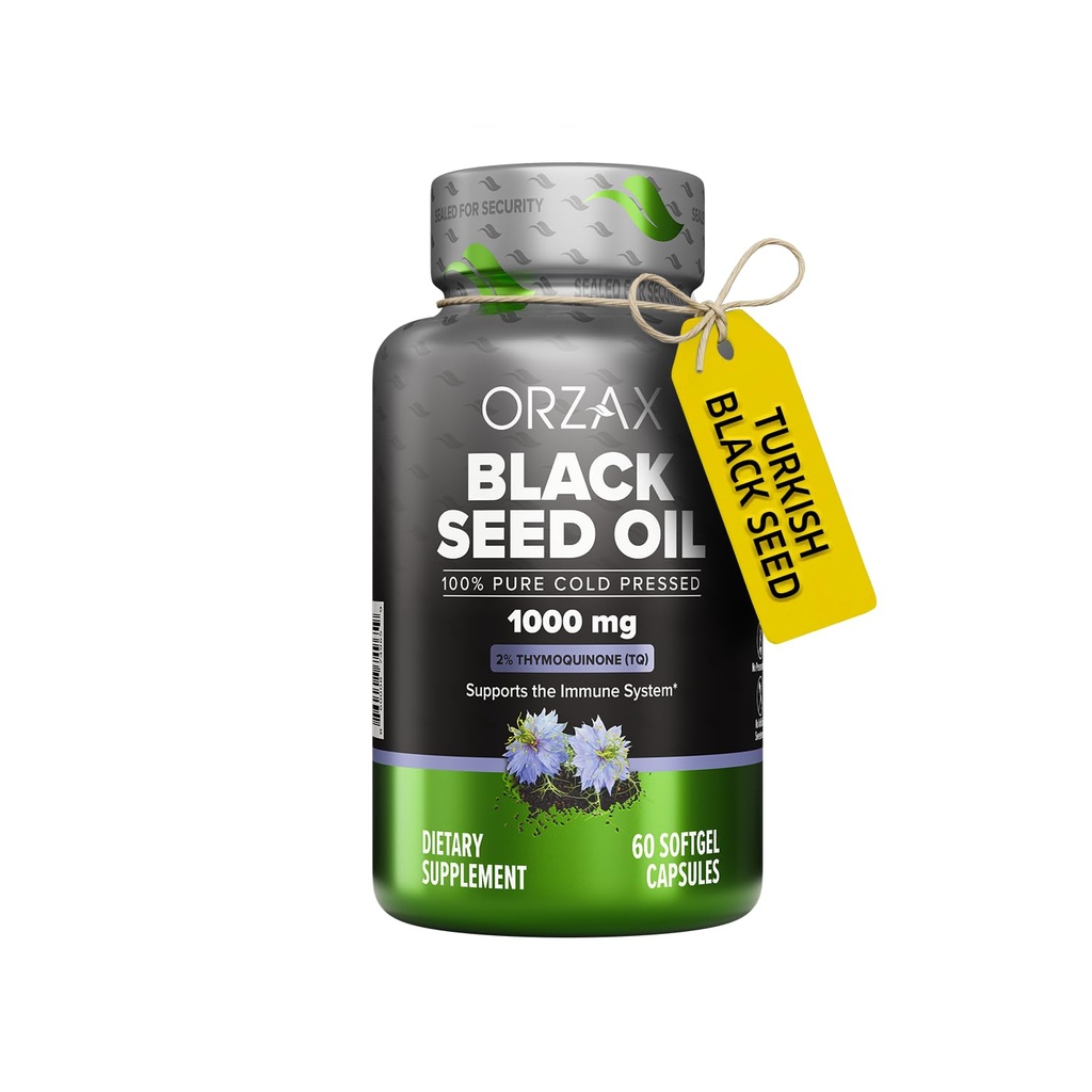 ORZAX 1000 mg Black Seed Oil Organic Cold Pressed Capsules with 20 mg Youmoquinone for Immune Support, Good Hair, Skin, and Commons (60 Soft Gel Capsules)