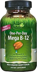 Irwin Naturals 1-per-Day Mega B-12 1.500mcg Υψηλή ισχύς Βιταμίνη μεθυλοκοβαλαμίνης - Γρήγορη ενισχυμένη απορρόφηση με MCT + Ασιατικό Ginseng - Φυσική ενίσχυση ενέργειας - 60 υγρά Softgels