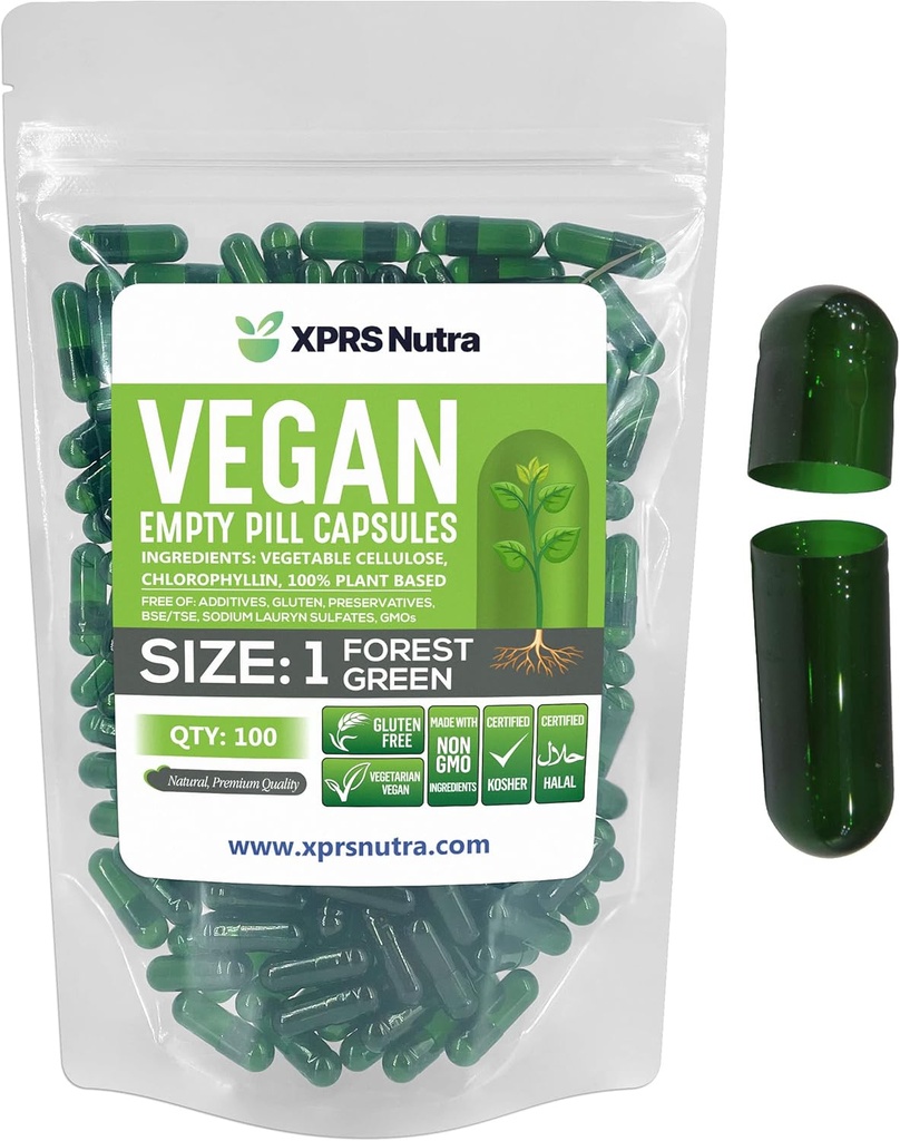 XPRS Nutra Boyutu 1 Boş Kapsüller - 100 Kont Boş Vegan Capsules - Vejetaryen Pills - DIY Sebze Kapsülü - Veggie Pill Caps for Do-It- Yourself Supplements (Forest Green)