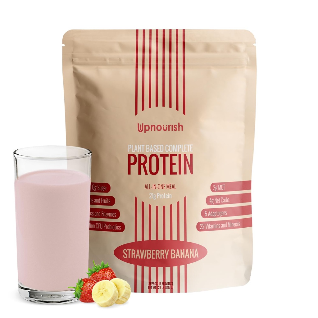UpNourish Strawberry Banana Vegan Protein Toz 54 Superfoods Toz,1.5 milyar CFU Probiyotiks 21g Plantive Protein,No Sugar No GMO Dairy Free,Meal Change Shake Keto-Friendly Low-Carb Diyet,15 Hizmetler