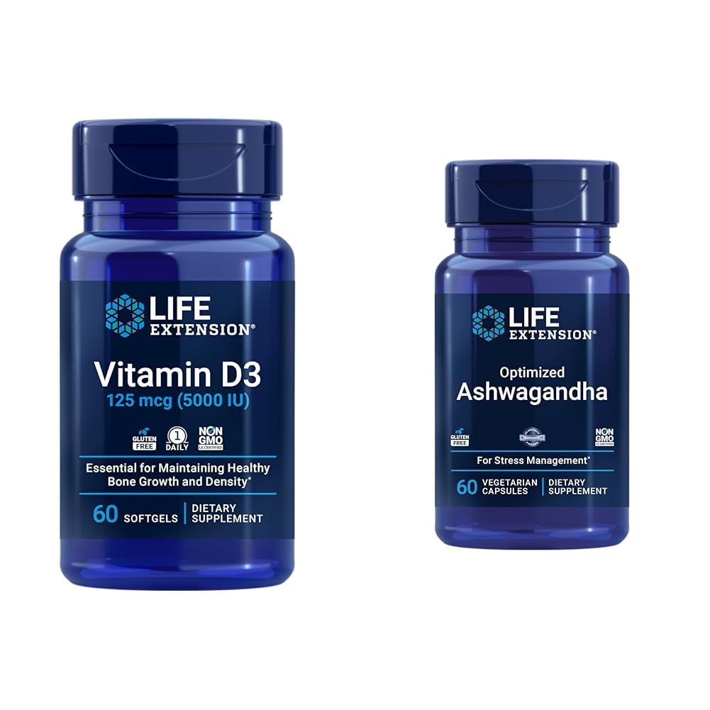 Life Extension Vitamin D3 5000 IU, Ashwagandha - Stres Yardımı, Focus, Memory, Mood Support - Non-GMO Supplement Sche
