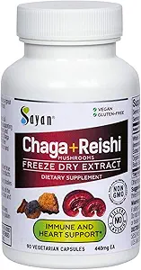Sayan Siberian Chaga and Organic Reishi Mushroom Extract Supplement – 90 Κάψουλες/440mg Κάθε - Wild-Harvested, Antioxidant Blend για την υποστήριξη του ανοσοποιητικού συστήματος + Natural Energy Boost, Non-GMO, Gluten Free