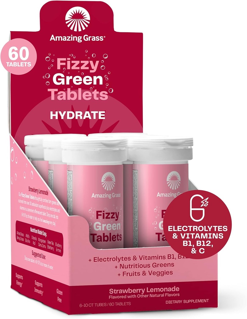 Amazing Grass Electrolyte Tablets, Fizzy Greens Δισκίο Γεύσης Νερού με Βιταμίνες, Hydrate Strawberry Lemonade, 10 Count (Pack of 6) (Packaging May Vary)