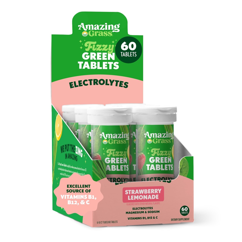Amazing Grass Electrolyte Tablets, Fizzy Greens Δισκίο Γεύσης Νερού με Βιταμίνες, Hydrate Strawberry Lemonade, 10 Count (Pack of 6) (Packaging May Vary)