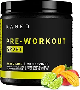 Kaged Sport Pre Workout Powder for Men & Women, Mango Lime, Sport Certified, 188mg Caffeine, Nitric Oxide Supplement, Beta Alanine for Energy, Weightlifting, Cardio Endurance & Strength, 20 Servings