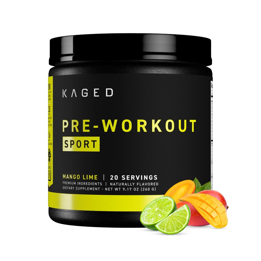 Kaged Sport Pre Workout Toz for Men & Women, Mango Lime, Sport sertifikalı, 188 mg Caffeine, Nitrik Oksit Supplement, Beta Alanine for Energy, Kilolifting, Cardio Endurance & Strength, 20 Servisler