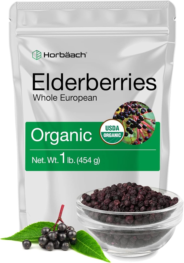 Horbäach Elderberries Organic | 1 lb Bulk Bag | Whole European | Non-GMO, Gluten Free | Sambucus Nigra