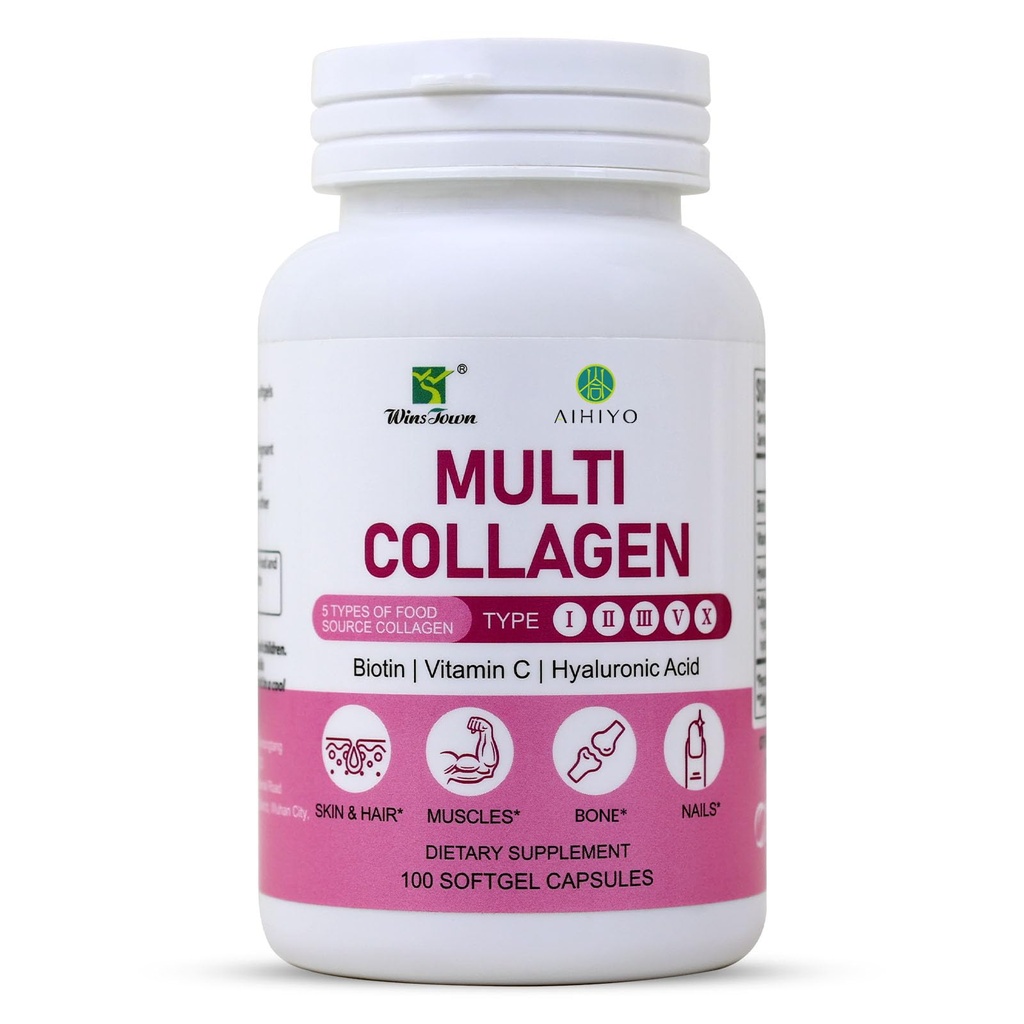 AIHIYO Multi Collagen Peptides Softgels, Type I, II, III, V, X, 100 Ct | with Hyaluronic Acid, Vitamin C & Biotin, Supports Muscles, Skin, Hair, Nails & Bones
